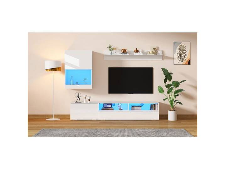 Ensemble meuble TV blanc 175 cm LED laqué