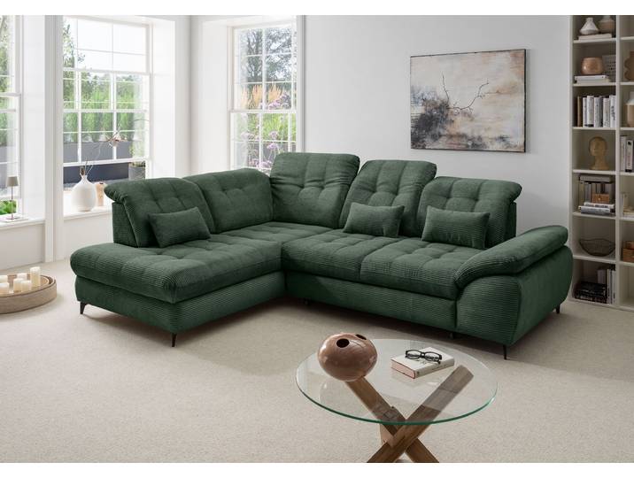 Ecksofa OTTO HOME Delphino modern & bequem, Multifunktionen: Bettfunktion, 288cm , grün (silber, zierkissen silber), B:255cm H:94cm T:216cm, 93% Polyester, 7% Polyamid, Sofas, Ecksofa, zwei verschiedene Fußfarben wählbar