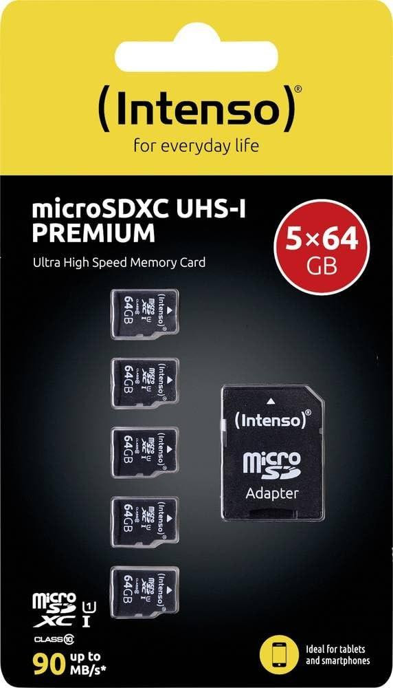Intenso MicroSD Kaart 64 GB, Klasse 10, UHS-I, 90 MB/s, Klasse 1 (U1)