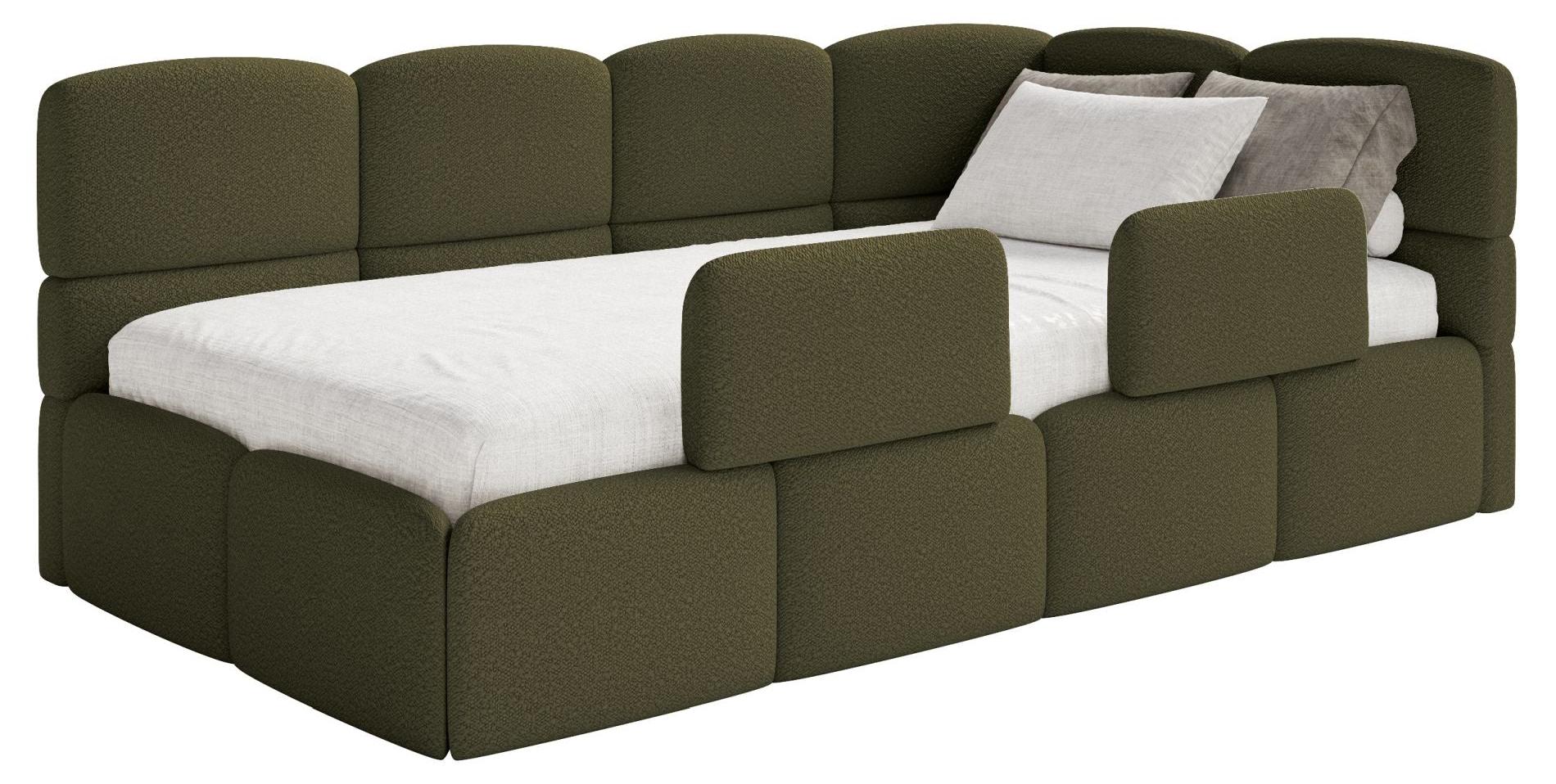 Selsey Cloudy - Jugendbett 90x200 cm, rechtsseitig, mit Bouclé-Bezug und Rausfallschutz, Olivgrün