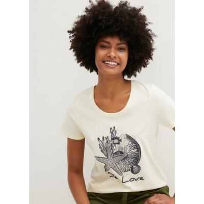 T-Shirt BONPRIX "T-Shirt Sea Love", Damen, Gr. 48/50 (XL), weiß (cremeweiß, dunkelblau bedruckt), Obermaterial: 100% Baumwolle, loose fit, Shirts T-Shirt, lockere Passform, Kurzarm-Design, mit maritimem Druck