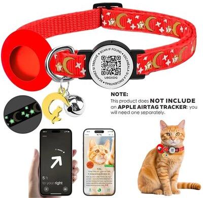Inspired Finds Glow AirTag Cat Collar With GPS Tracker Holder, QR ID Tag & Safety Bell red