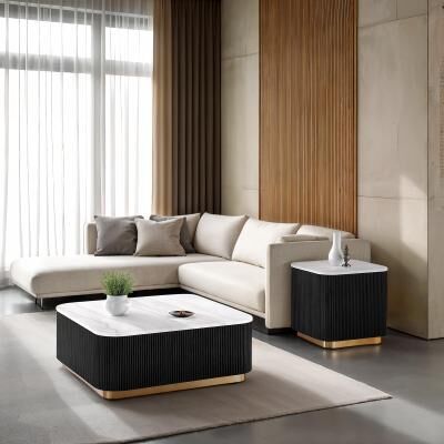 Esofastore Luxurious Living Room Table Set Black Finish Beautiful Marble Top