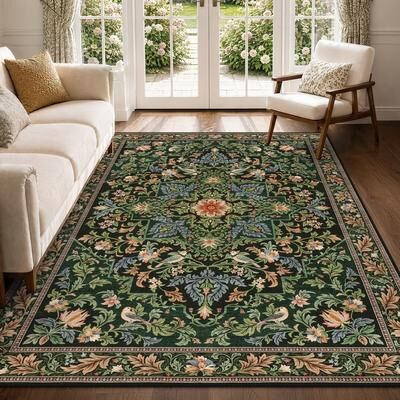 BLUEBELL Vintage Morris Floral Bird Area Rug, Machine Washable Non Slip Low Pile Rug, Stain Resistant Foldable Indoor Carpet
