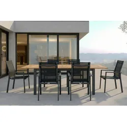 OUTFLEXX Garten-Essgruppe, OUTFLEXX® anthrazit matt, Alu / Teak / Textil, Ausziehtisch 150/210x90cm, 6 Stapelsessel
