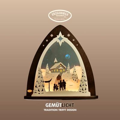 Lichterbogen WEIGLA "LED Bergkapelle, Lichterspitze aus Holz & Acrylglas, Made in Germany", schwarz (schwarz, natur), H:53cm T:9cm, Holzwerkstoff, Schwibbögen, Erzgebirge garantiert, Weihnachtsdeko Innen, Weihnachtsbeleuchtung