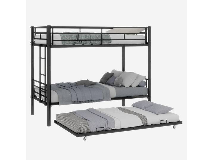 Oxeza Etagenbett 90/200 cm Schwarz mit Ausziehbett und Leiter, Metall, Mode, Rechteckig, 90x200 cm, Babymöbel & Kindermöbel, Kinderzimmer & Jugendzimmer, Stockbetten