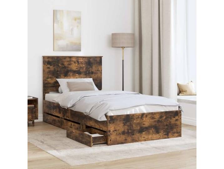 KTHLBRH Bett mit Schublade, Eichengrau, 100 x 200 cm Technisches Holz, selbsttragend, feste Latten, versteckter Behälter