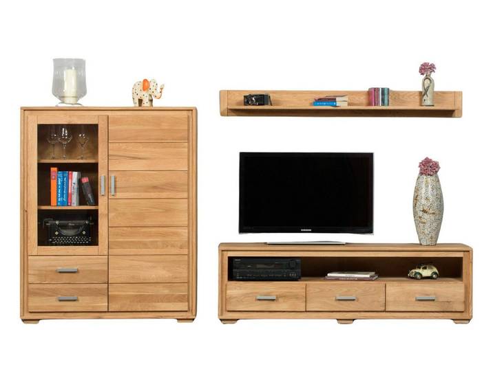 Trendmöbel24 Wohnzimmer-Set Wohnzimmerschrank Basel Set V 3-teilig Wildeiche Massivholz, (Komplett-Set, 3-St., Lowboard, Highboard, Wandboard)