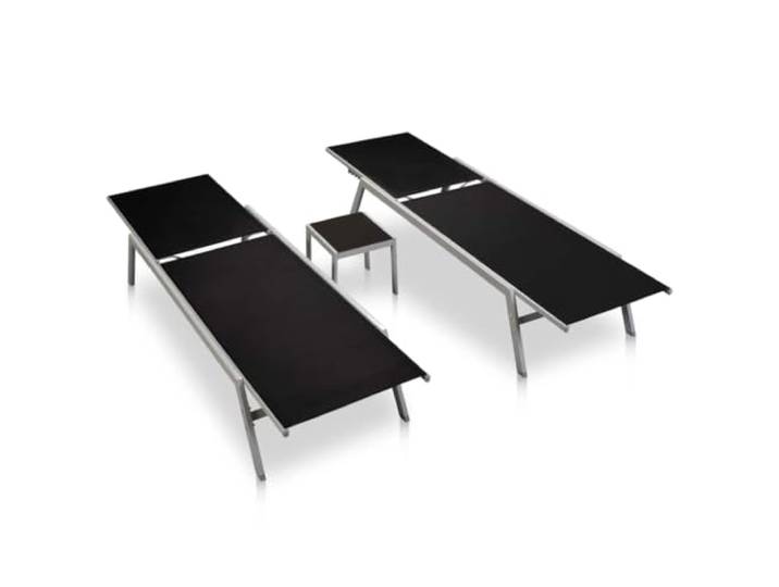 POUFGDR Set mit 2 Liegestühlen mit Tisch, Stahl und Textilene, Schwarz Robuster Stahlrahmen, weiche Textilene-Beschichtung, passender Glastisch, pflegeleicht, für den Außenbereich geeignet