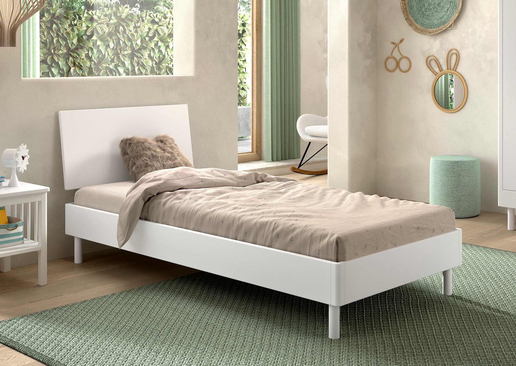 Einzelbett VIPACK "Forrest, mit oder ohne Polsterkopfteil, in modernem Design", weiß (weiß lackiert, kopfteil weiß), Liegefläche Länge B: 220cm x 90cm, Betten, Einzelbett, wahlweise in Buche oder Eiche massiv, Lieferung ohne Matratze