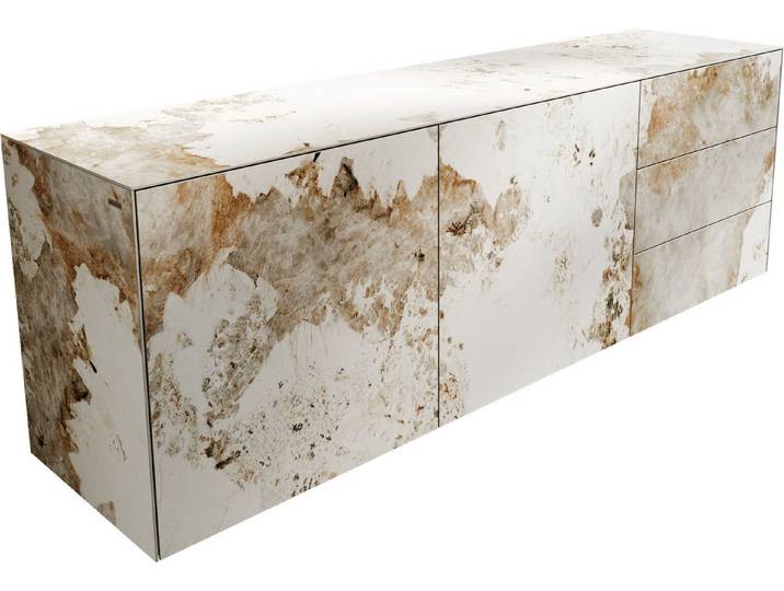 DELIFE Sideboard Cuor, Keramik Minas Melange Weiß-Beige 180 cm 2 Türen 3 Schubfächer Schweben