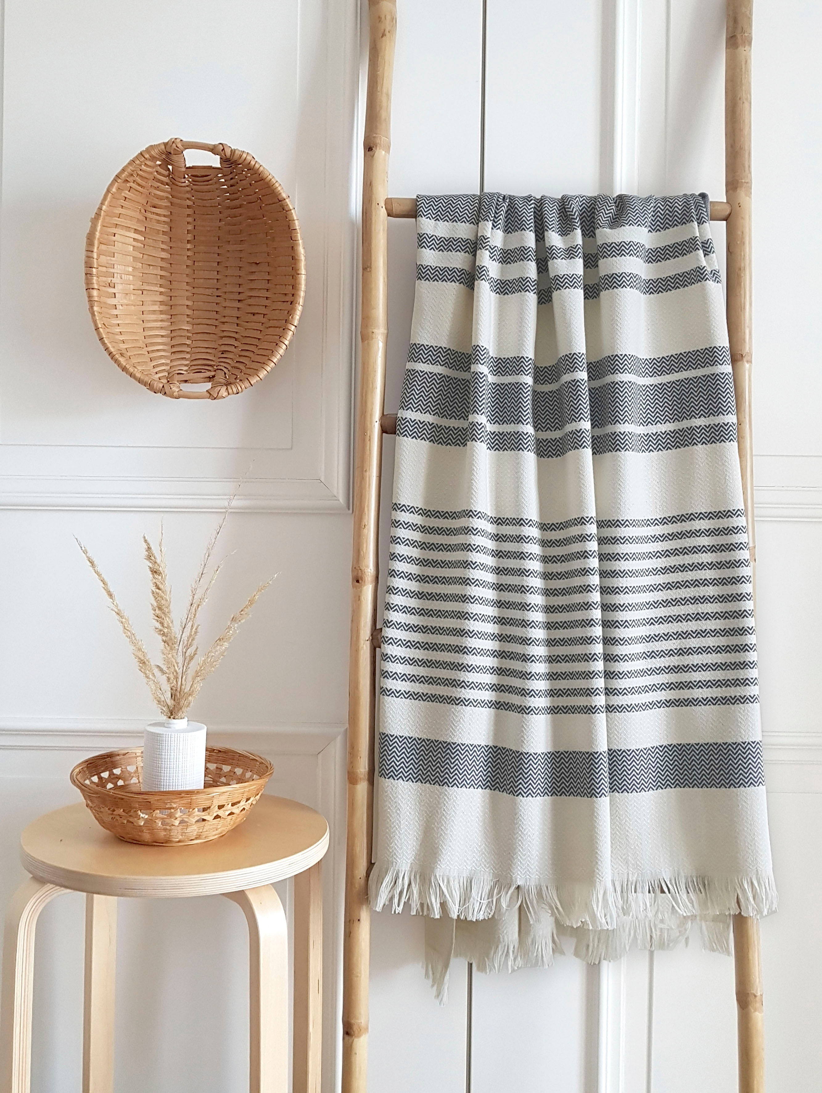 Hamamtuch FRAMSOHN FROTTIER "Boho Living - Zick Zack Muster", grau (beige, anthrazit, grau), B:100cm L:180cm, Hamam Frottier, Baumwolle, Handtücher, Hamamtuch, 100x180, zick zack & mit Fransen, ideal als Strandtuch, Sauna, Reise beige, anthrazit, grau B/L