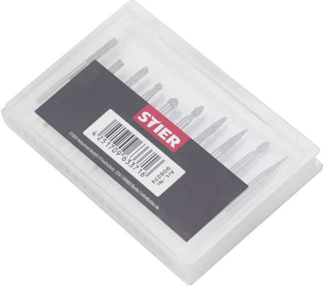 Jeu de 10 fraises rotatives en carbure STIER, queue 3 mm (906274)
