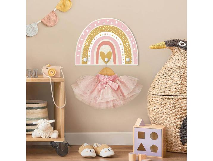 Patère enfants Arc-en-ciel points coeur 40 x 30 x 1cm Rose foncé/Rose