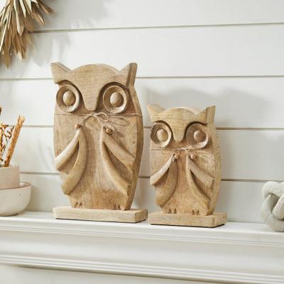 VHC Brands Wooden Owl Natural Set of 2 - 9.75 and 13.25 inch - N/A