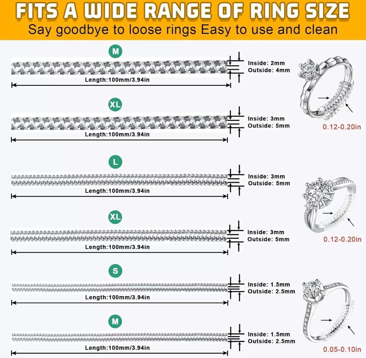 INF Unsichtbares Spiral-Ringgrößen-Anpassungsset – 20 transparente TPU+PC Einsätze für lockere Ringe, DIY Zuhause