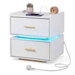 COSTWAY Nachttisch mit LED & Ladestation, 2 Schubladen, Metallfuß, halb-schwebend, weiß.