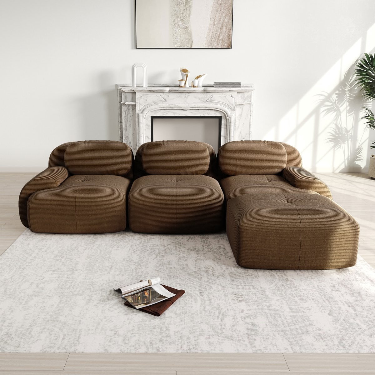 Zubaliya Modulaire Hoekbank - Moderne 3-Zits Lounge Bank met Ribstof Bekleding in Bruin