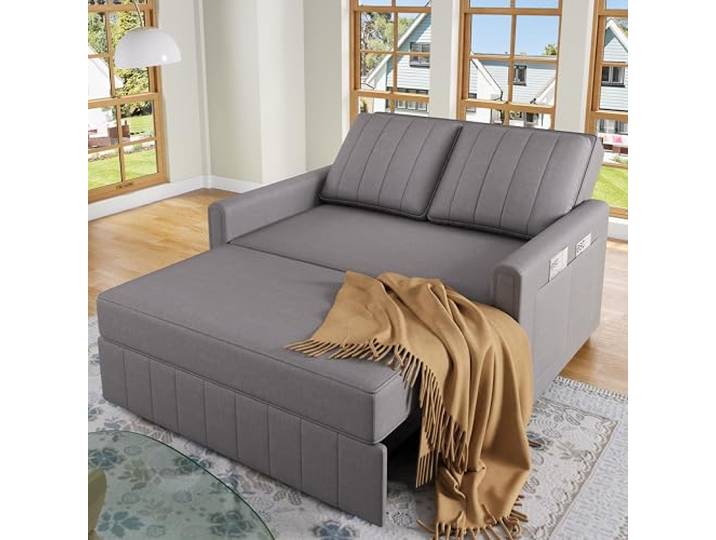 Merax Schlafsofa 2-Sitzer Sofa mit Schlaffunktion - Kleines Sofabett 180x127 cm - Klappsofa 3-in-1 Schlafcouch mit Verstellbarer Rückenlehne, Seitentaschen, Leinenstoff, Antikgrau