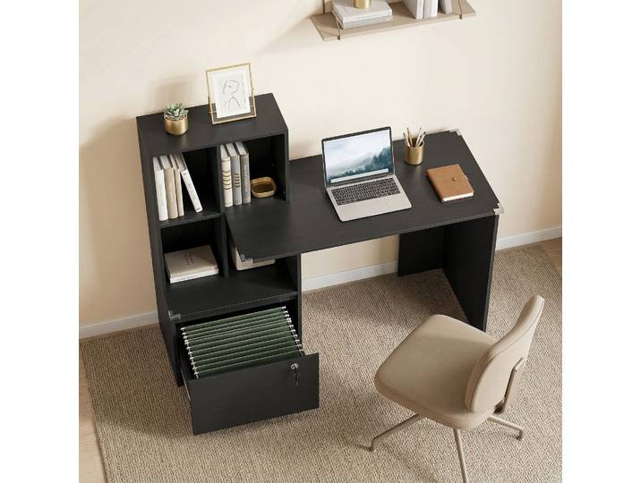 HOMCOM Bureau Bibliothèque 4 Compartiments Tiroir Verrouillable Noir