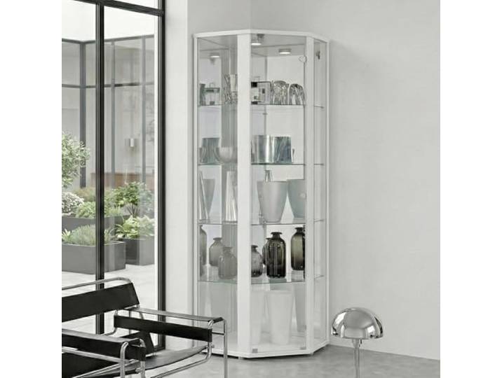 K-Möbel Eckvitrine in Weiss (176x56,5x56,5 cm) mit 4 Glasböden, Schloss, Spiegel & LED - Modellauto Vitrine Weiß - Vitrinenschrank hell - Sammlervitrine - Wohnzimmerschrank Glasvitrine stehend Regal
