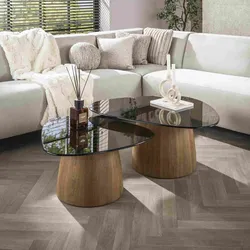 Otin Couchtisch-Set mit Rauchglasplatten und Gestell in Eichenoptik, Dreieckig