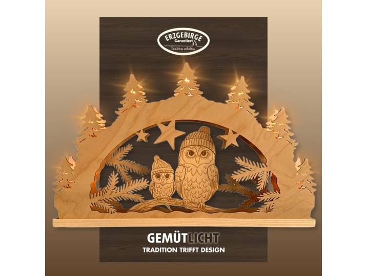 Schwibbogen WEIGLA Wintereule im Tannenwald, Lichterbogen aus Holz, NATUR , braun (natur), B:52cm H:32cm T:4,5cm, Holzwerkstoff, Schwibbögen, Schwibbogen
