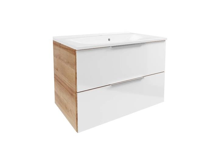 FACKELMANN B.BRILLANT Waschbecken mit Unterschrank 80 cm breit, Weiß Glas/Braun hell, Waschbecken Gussmarmor Weiß
