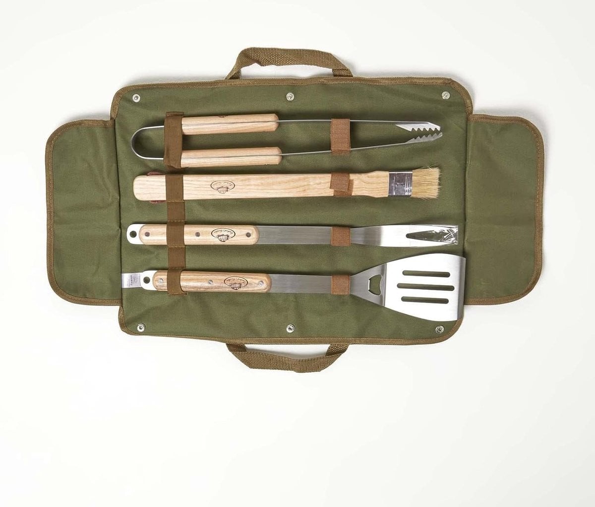 Homescapes BBQ Tool Kit in opbergtas met RVS grilltang, vork, borstel en spatel, olijfgroen