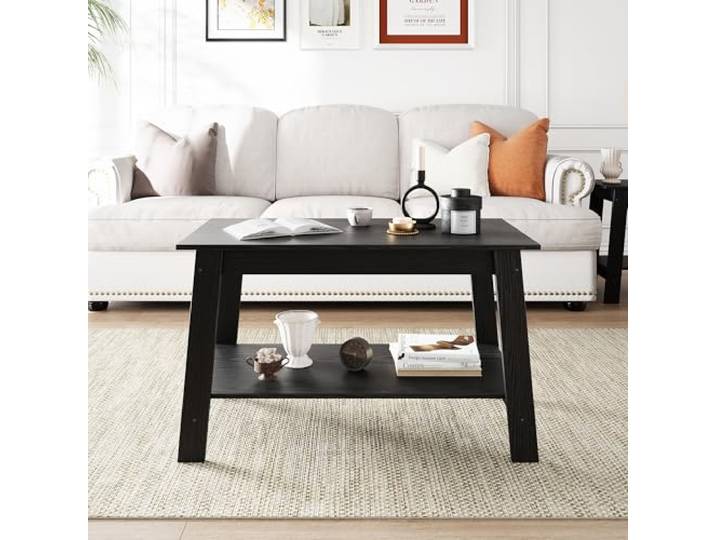 IDEALHOUSE 2-Stufiger Couchtisch 80 cm in Holzoptik Mit Offener Ablage rechteckiger Wohnzimmertisch im Industrial Landhaus-Stil, kratzfest & platzsparend, einfache Montage, Schwarz