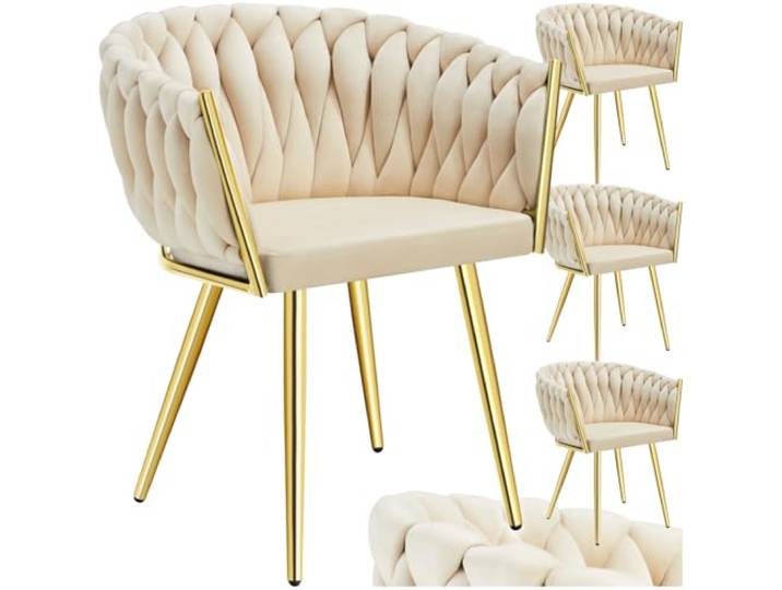 tectake® Samt Stuhl, Schalenstuhl mit Armlehne in Knoten Optik, Esszimmerstühle, Sessel modern für Wohnzimmer, Esszimmer, als Küchenstühle, für Schminktisch, Dining Chair Set - Sand/Gold, 4er Set