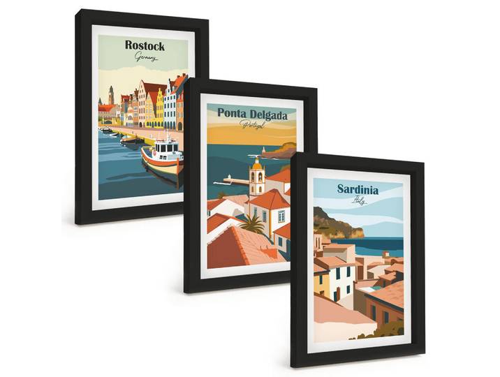 Tulup Bilder SET 3er Set - 20x30 cm Schwarzer Rahmen - Ansichten europäischer Küstenstädte, Kunststoff, Rechteckig, 20x30 cm, gerahmt, Bilder & Rahmen, Bilder