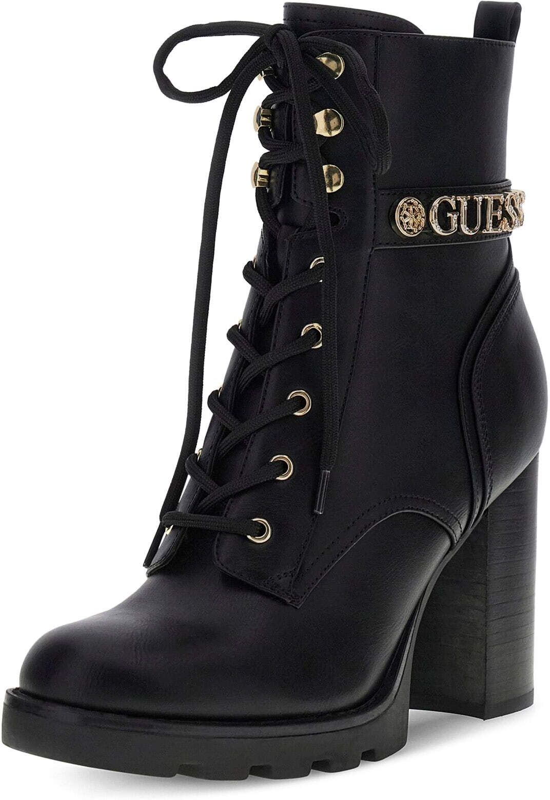 Schnürstiefelette GUESS "NEELA", Damen, Gr. 40, Synthetik Textil, schwarz, Lederimitat, Schuhe Schnürstiefelette, Blockabsatz, Ankleboots mit goldfarbenem GUESS-Logo am Schaft schwarz 40, Synthetik Textil