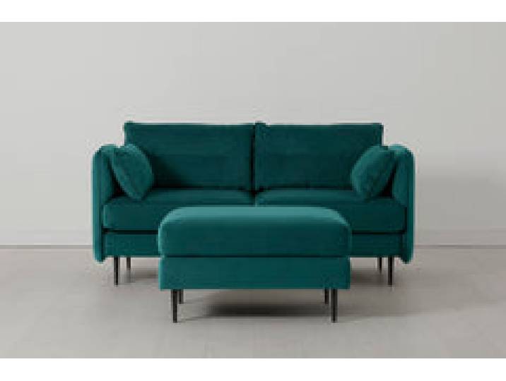 Model 19 Zweisitzer-Sofa mit Polsterhocker, Eisvogelblau