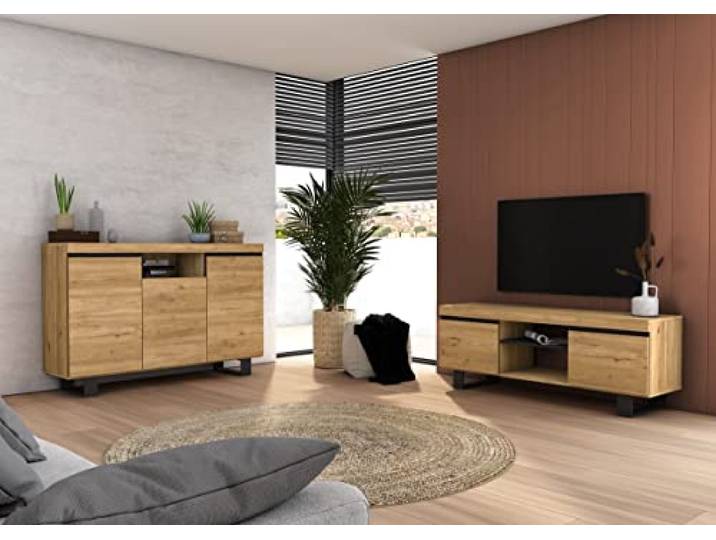Skraut Home - Natürliches Esszimmer-Set, Beistellmöbel, Sideboard, TV-Möbel, 140 cm, Eiche Nordic, Schwarz