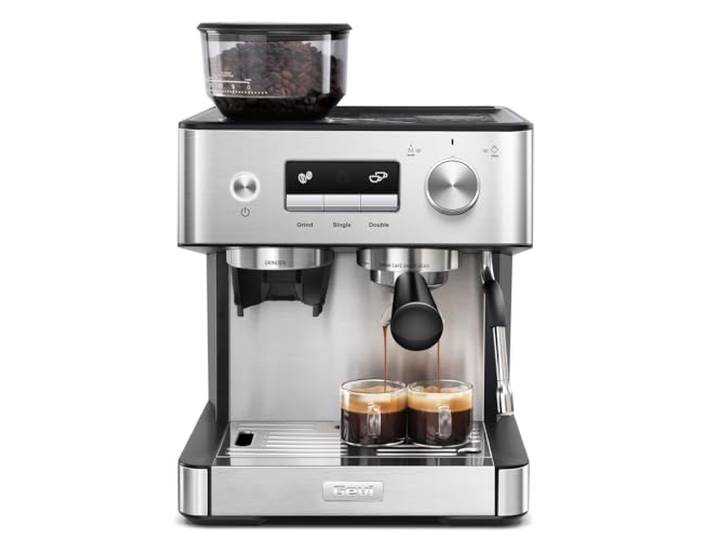 Gevi Espressomaschine 20 Bar mit integriertem Kegelmahlwerk und Milchschaumdüse, kompakte Kaffeemaschine für Hausgebrauch mit abnehmbarem Wassertank, für Cappuccino, Latte, Espresso und Americano