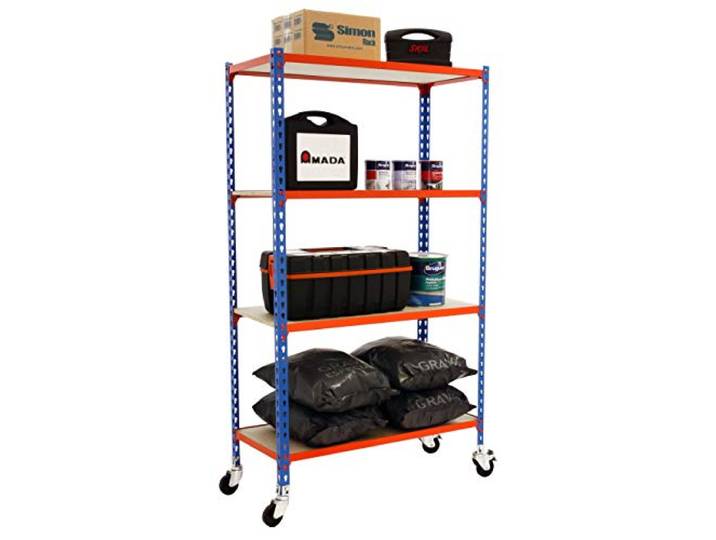 Simon Rack Metallregal mit Rollen 1575x1100x300 mm - Maderclick 4 Höhen, Holzablage, Biegepunkt 75 kg, Korrosionsschutzlackierung, Klicksystem-Montage, Blau/Orange