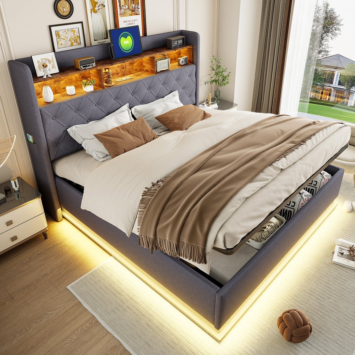 MODFU Bedframe met LED-verlichting, USB-poorten en hydraulische opbergruimte, grijs linnen, 180x200 cm
