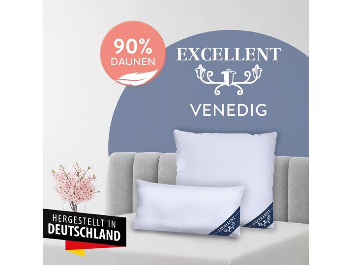 Excellent Venedig, Kissen 1-tlg. oder 2-tlg. hergestellt in Deutschland Füllung: 90% Daunen (Aussenkammer) 1 Stk. tlg. Kopfkissen in 40x80 und 80x80, Hohenstein Institute ausgezeichnet