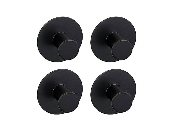WENKO Wandhaken Mod. Celano 4er Set, runde Garderobenhaken aus rostfreiem Edelstahl, selbstklebend, Befestigung ohne Bohren, je Ø 5 x 3,3 cm, Schwarz matt