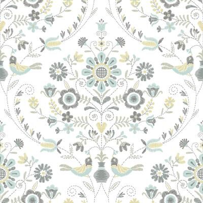 A-Street Prints Britt Sea Green Embroidered Damask Wallpaper