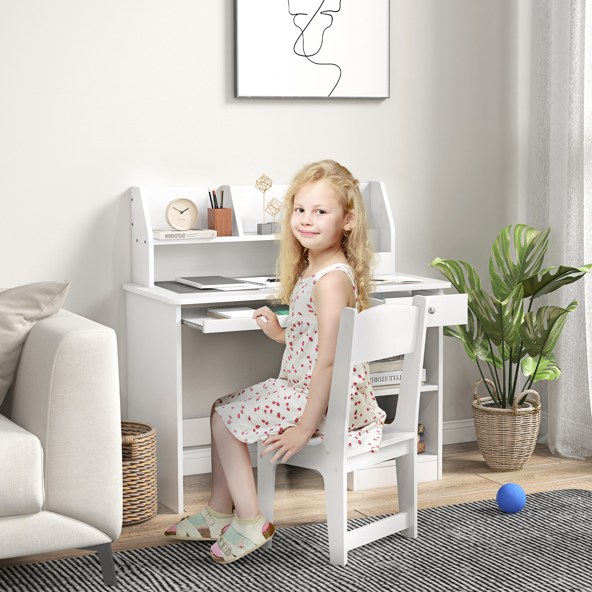 Zonekiz Set Tavolo e Sedie per Bambini da 5-8 Anni con Scaffale Integrato e Mensola Estraibile in Legno Bianco per Studio e Gioco Aosom Italy
