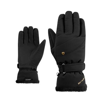 Skihandschuhe ZIENER "KEAKA-Z AQUASHIELD PrimaLoft DAMEN", Damen, Gr. 8, schwarz (schwarz.gold art), Materialmix, Handschuhe, wasserdicht, winddicht, atmungsaktiv, extra warm, Plüschfutter