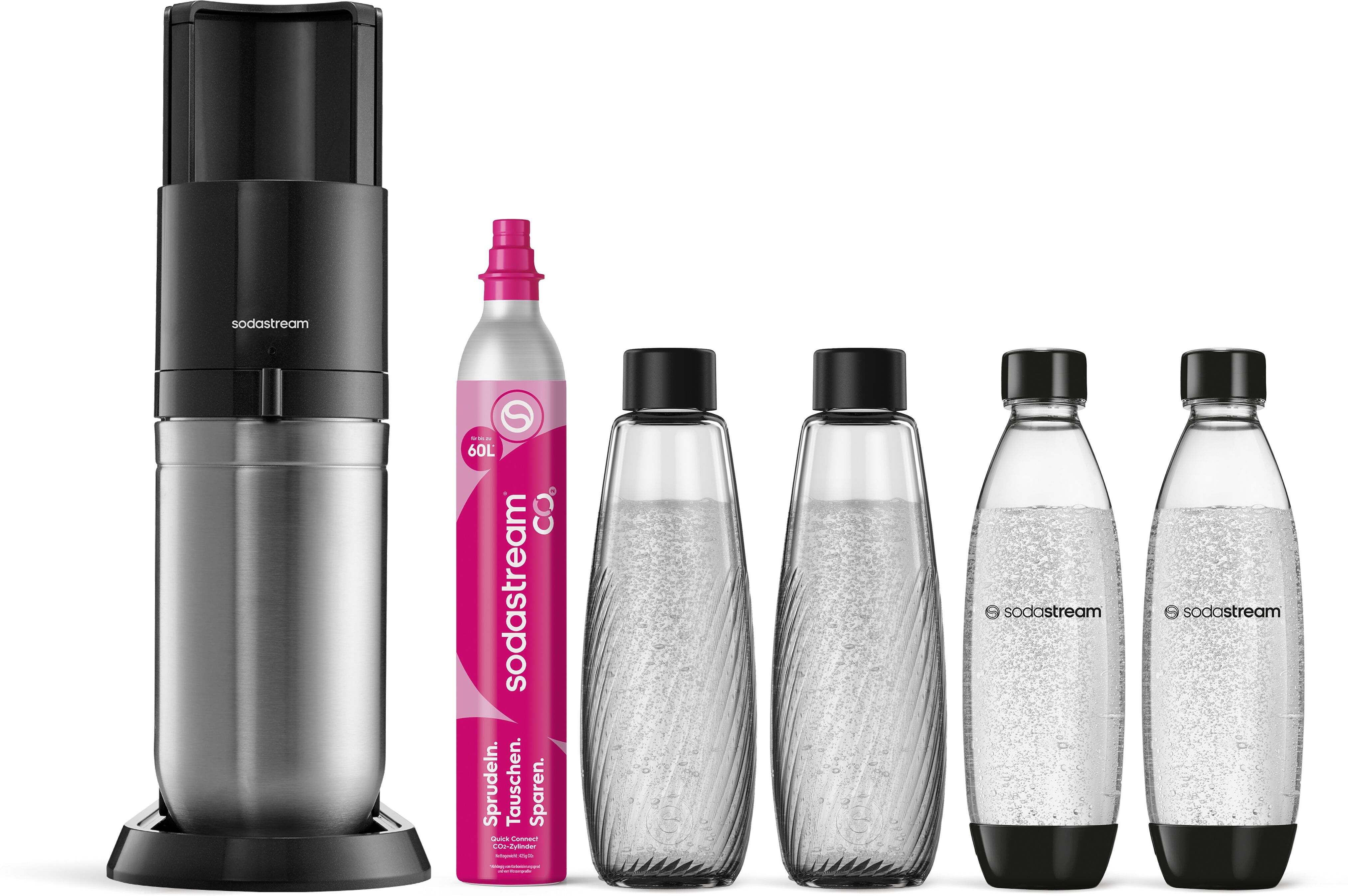 Wassersprudler SODASTREAM "DUO Wassersprudler titan, Vorteilspack XL", silber (dunkelgrau), B:19cm H:44,5cm T:36,5cm, Kunststoff, Wassersprudler, Wassersprudler, Glas- und Kunststoffflaschen nutzbar, DUO-Paket mit 4 Flaschen