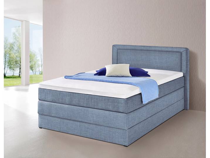 Boxspringbett, Pflegeleichter Feinstrukturstoff, Hellblau, 140×200 cm, Mit Bettkasten, Landhaus, Hapo