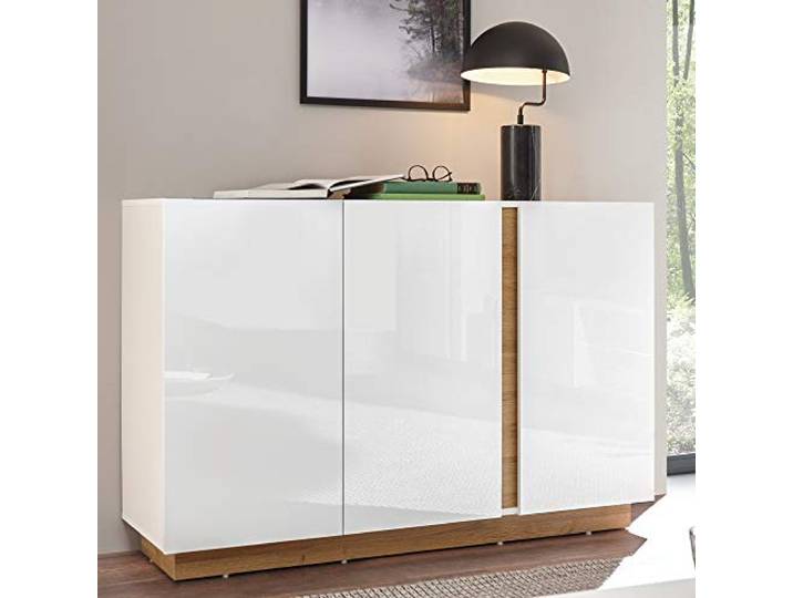 Lomadox Dressoir met 3 deuren in wit glans met afwerking in Grandson Oak eiken Nb.