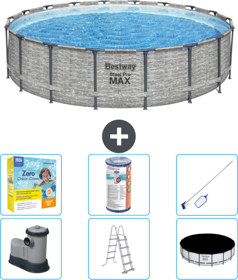 Bestway Round Steel Pro MAX Schwimmbad - Steindruck - 549 x 122 - inklusive Pumpe - Leiter - Abdeckung Wartungspaket - Filter - Reinigungskit