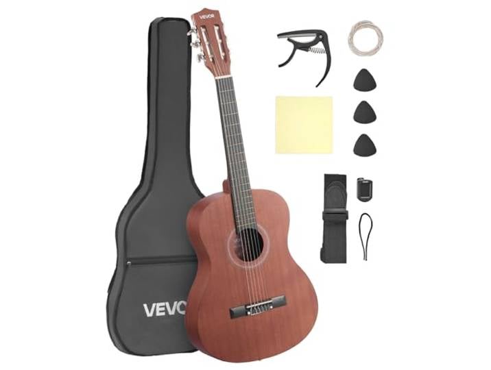 VEVOR Guitare Classique Débutants\, 90 cm\, avec Cordes Nylon\, Housse Transport\, Sangle\, Cordes Supplémentaires\, Médiators\, Capodastre\, en Sapele et Palissandre\, pour Enfants Filles Garçons