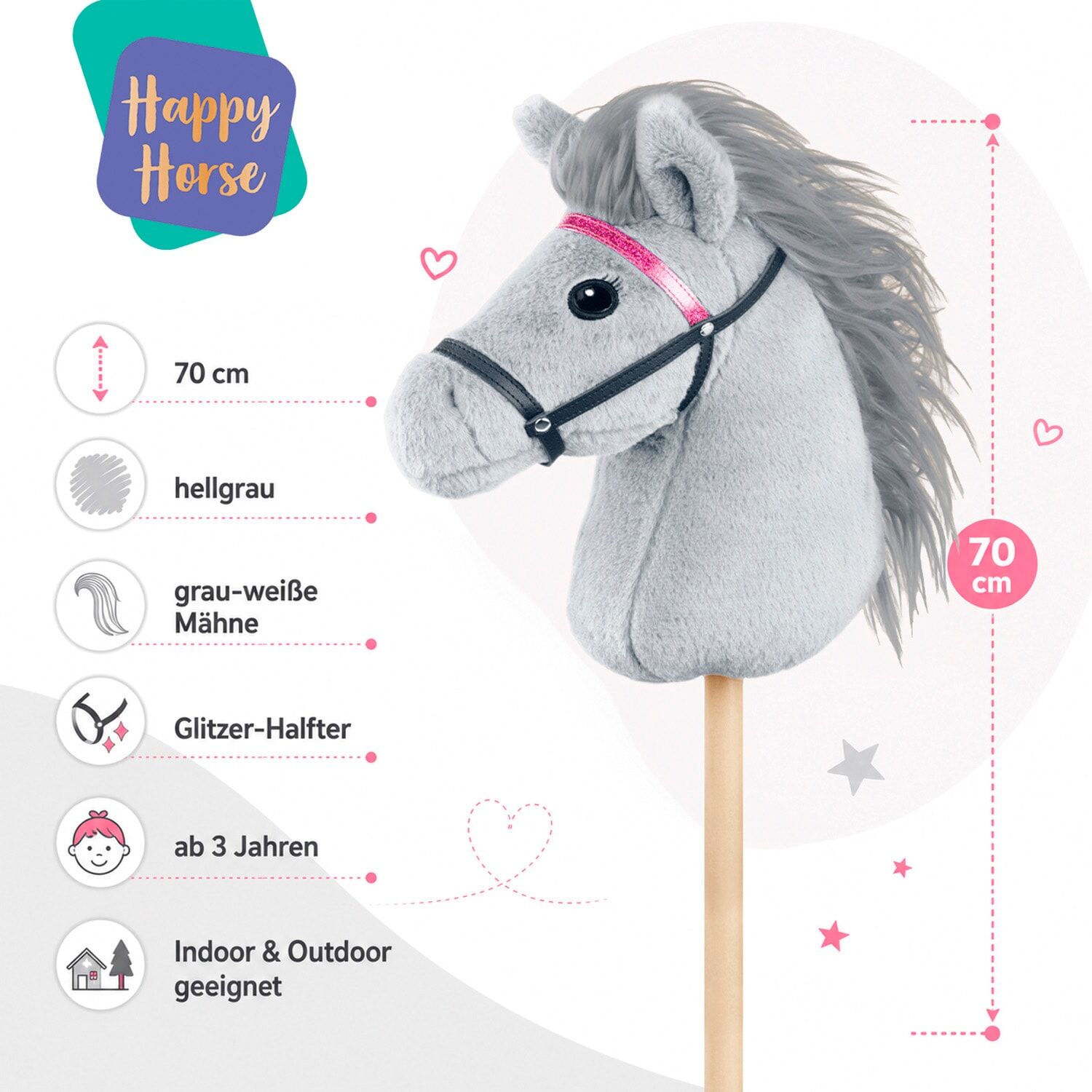 Steckenpferd LENA "Steckenpferd Hobby Horsing, 70cm", grau, Steckenpferde, KinderL:70cm, Holz, Polyester, Steckenpferd, L:70cm